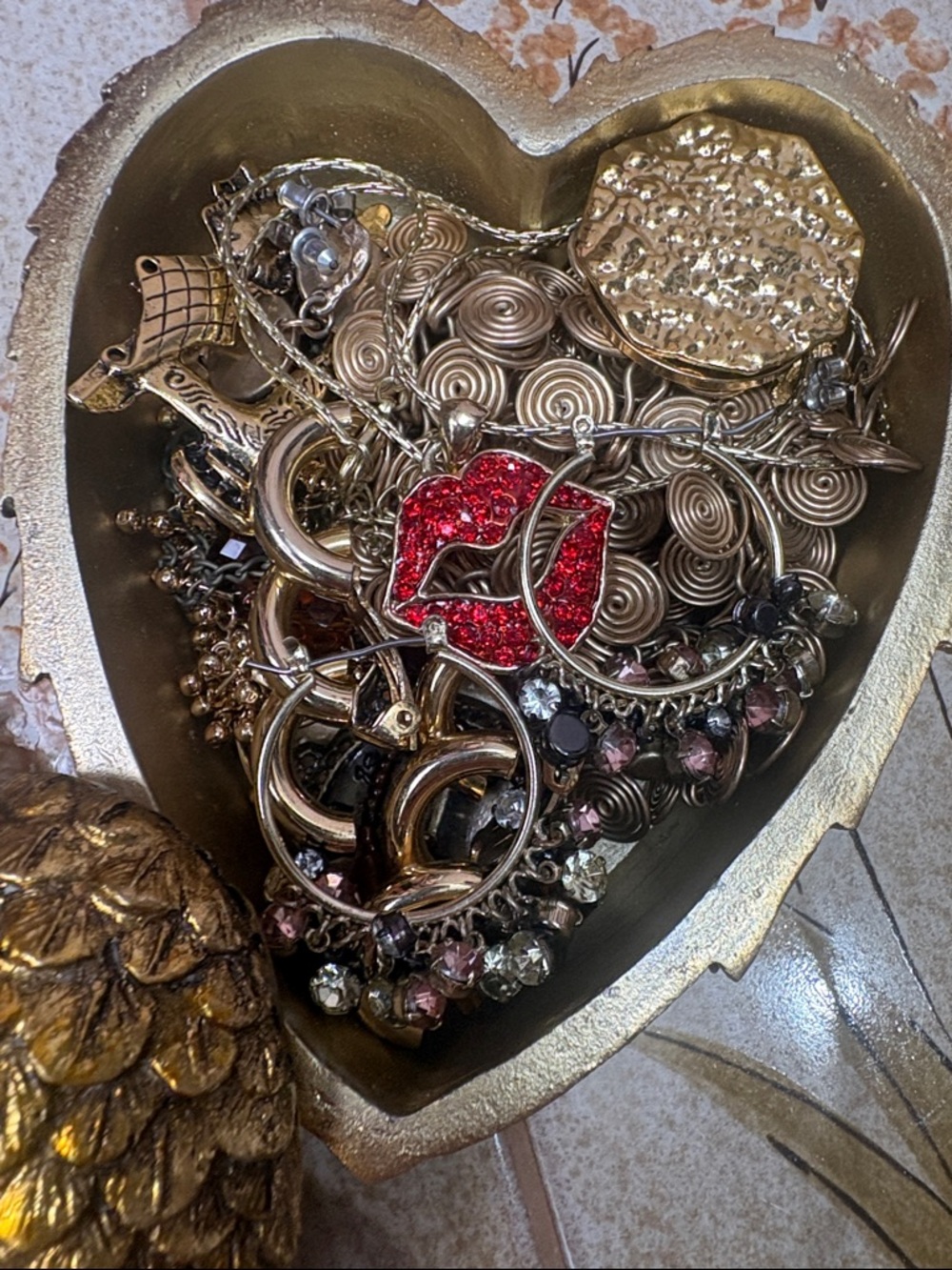 Gold Tone Jewelry Bundle + Heart Trinket Box